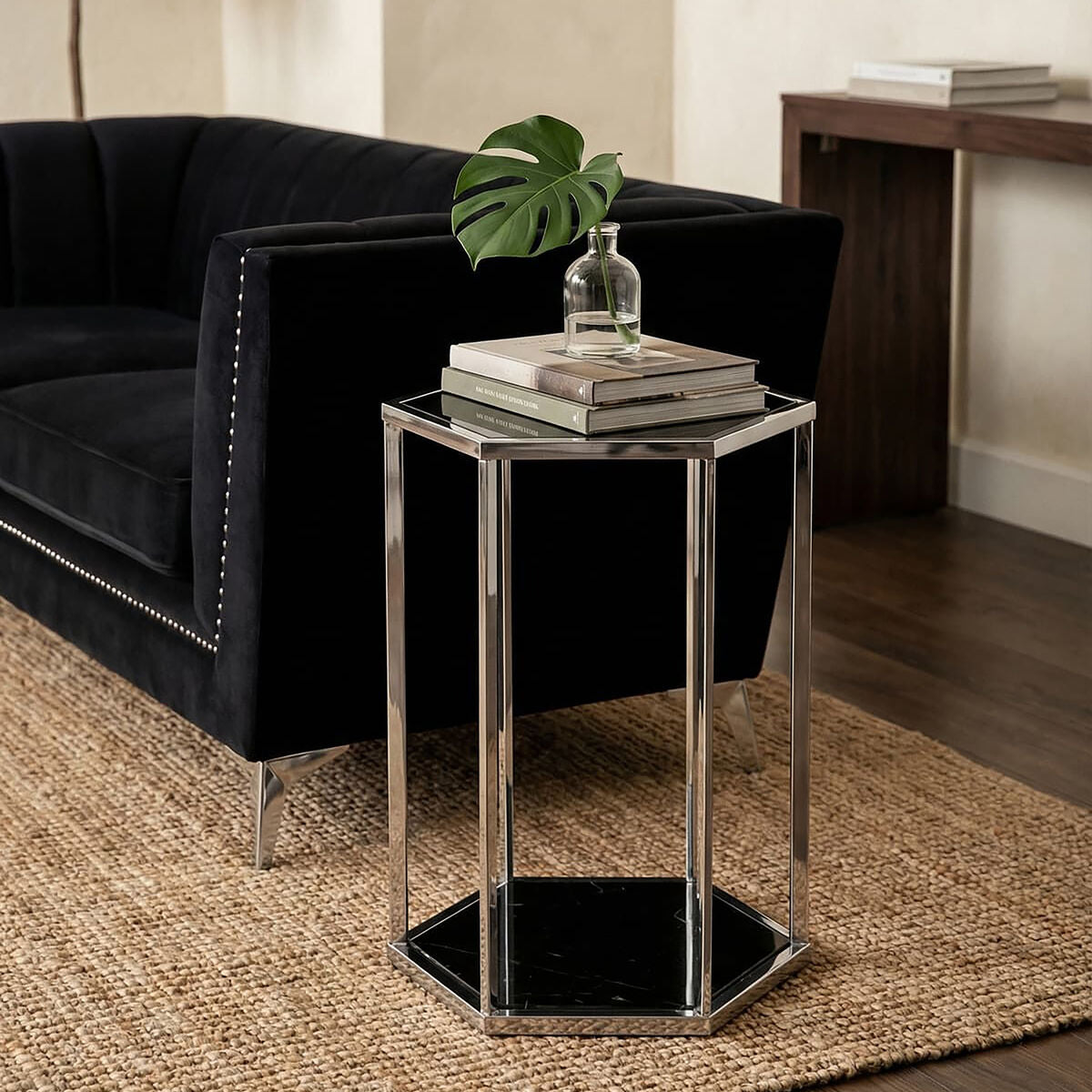 Orsina Piermount Hexagonal Black Marble and Silver Two-Tier End Table