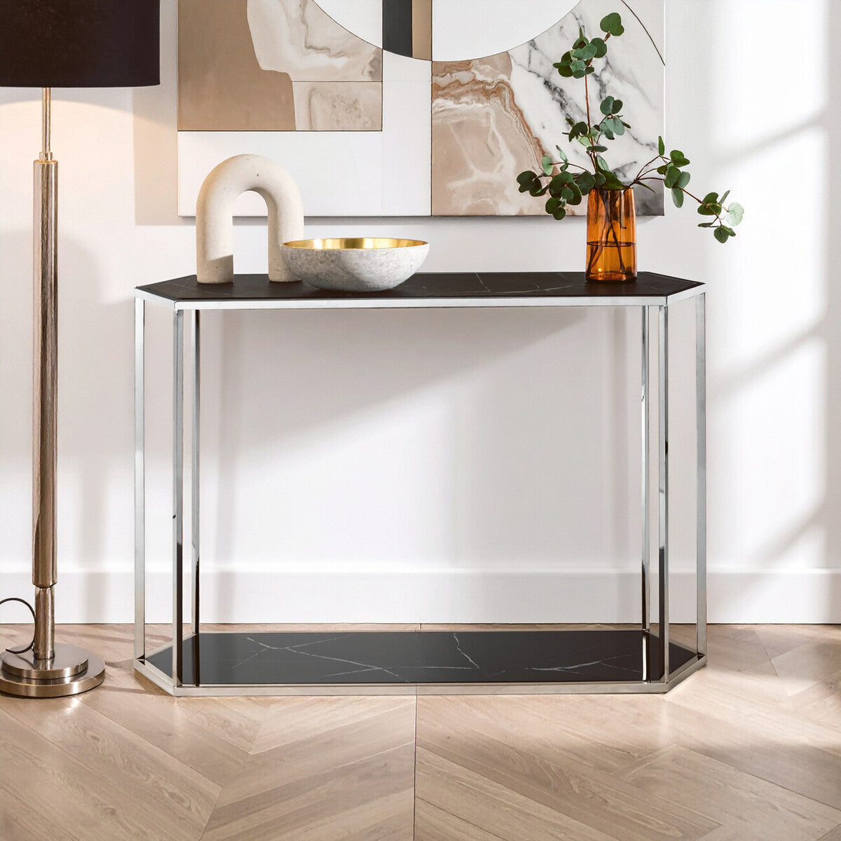 Orsina Piermount Black Marble Console Table – Silver Stainless Steel