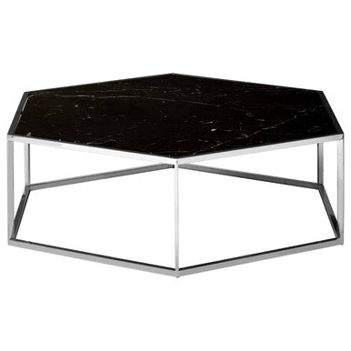 Orsina Piermount Hexagon Coffee Table – Black Marble & Silver Steel