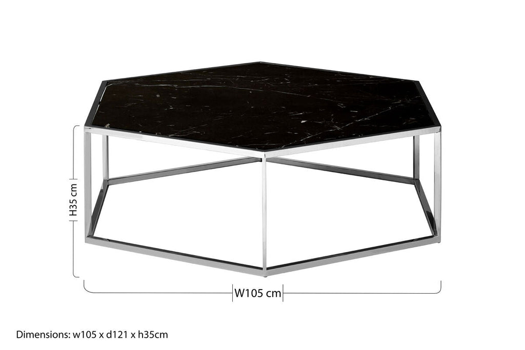 Orsina Piermount Hexagon Coffee Table – Black Marble & Silver Steel