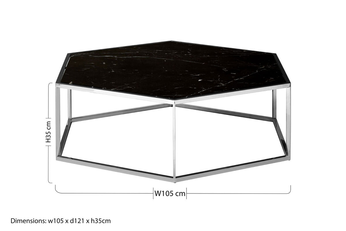 Orsina Piermount Hexagon Coffee Table – Black Marble & Silver Steel