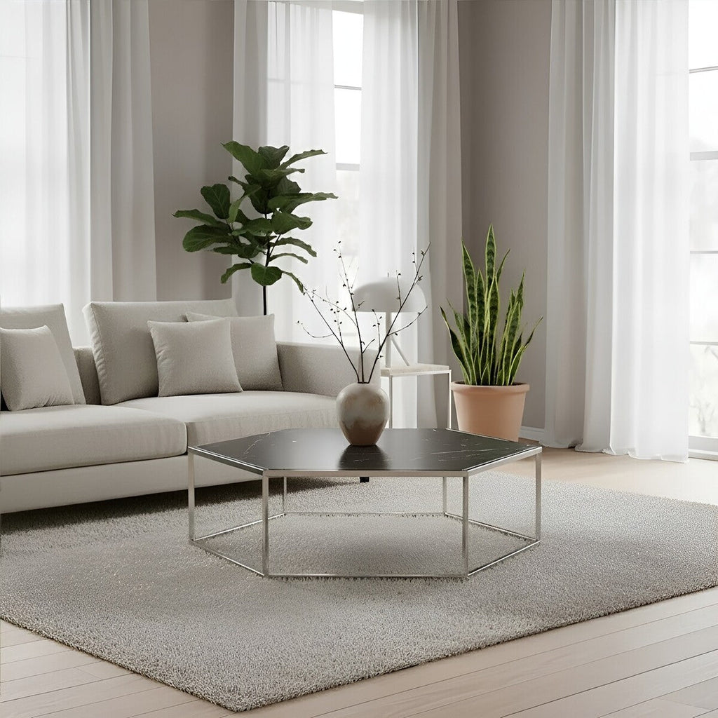 Orsina Piermount Hexagon Coffee Table – Black Marble & Silver Steel