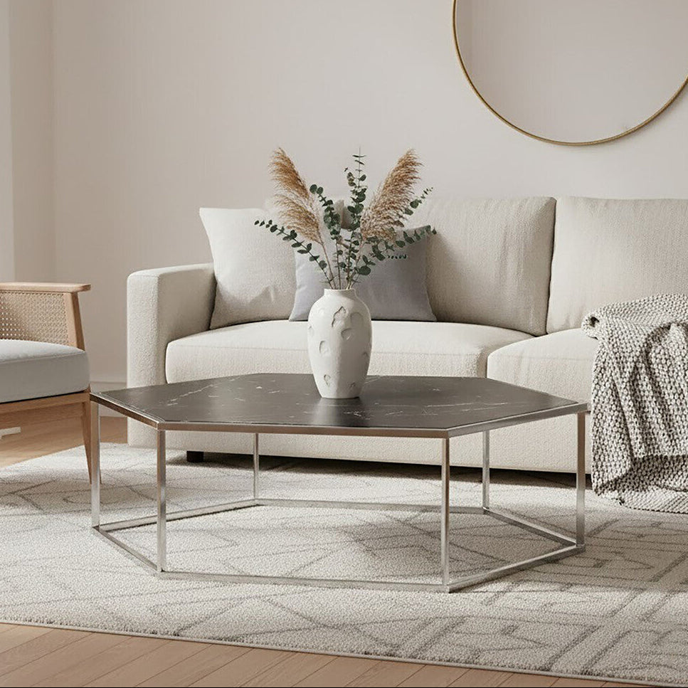 Orsina Piermount Hexagon Coffee Table – Black Marble & Silver Steel