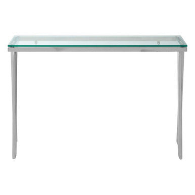Orsina Piermount Glass Console Table | Silver Stainless Steel Base