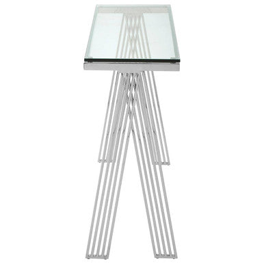 Orsina Piermount Glass Console Table | Silver Stainless Steel Base