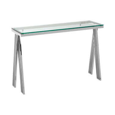 Orsina Piermount Glass Console Table | Silver Stainless Steel Base