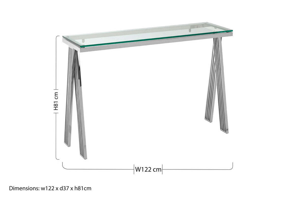 Orsina Piermount Glass Console Table | Silver Stainless Steel Base