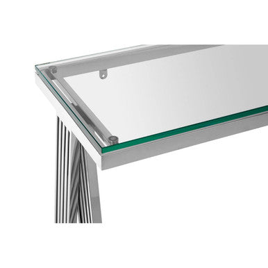 Orsina Piermount Glass Console Table | Silver Stainless Steel Base