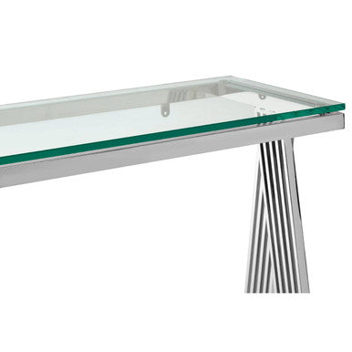 Orsina Piermount Glass Console Table | Silver Stainless Steel Base
