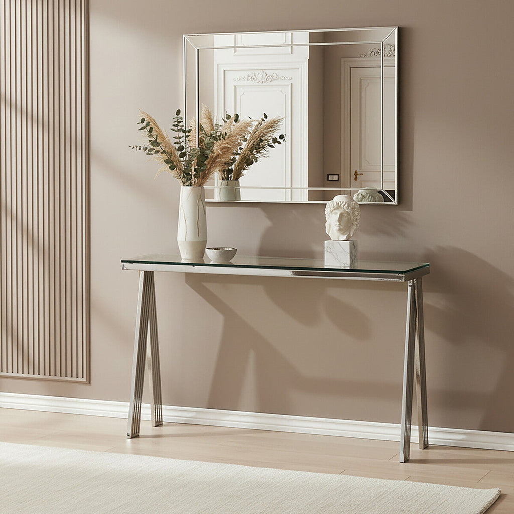 Orsina Piermount Glass Console Table | Silver Stainless Steel Base