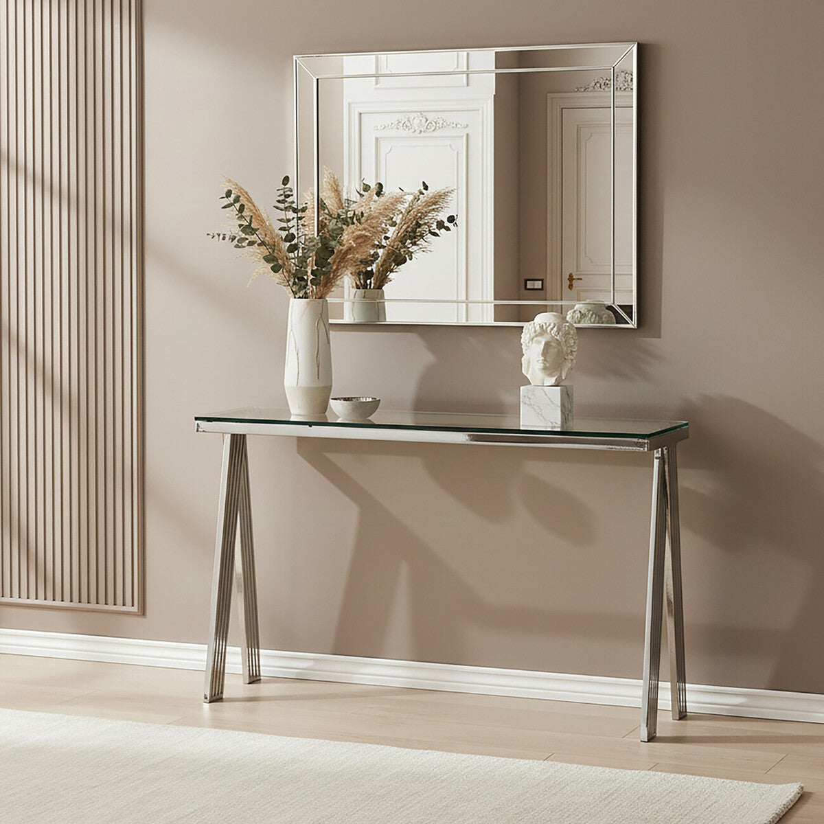 Orsina Piermount Glass Console Table | Silver Stainless Steel Base