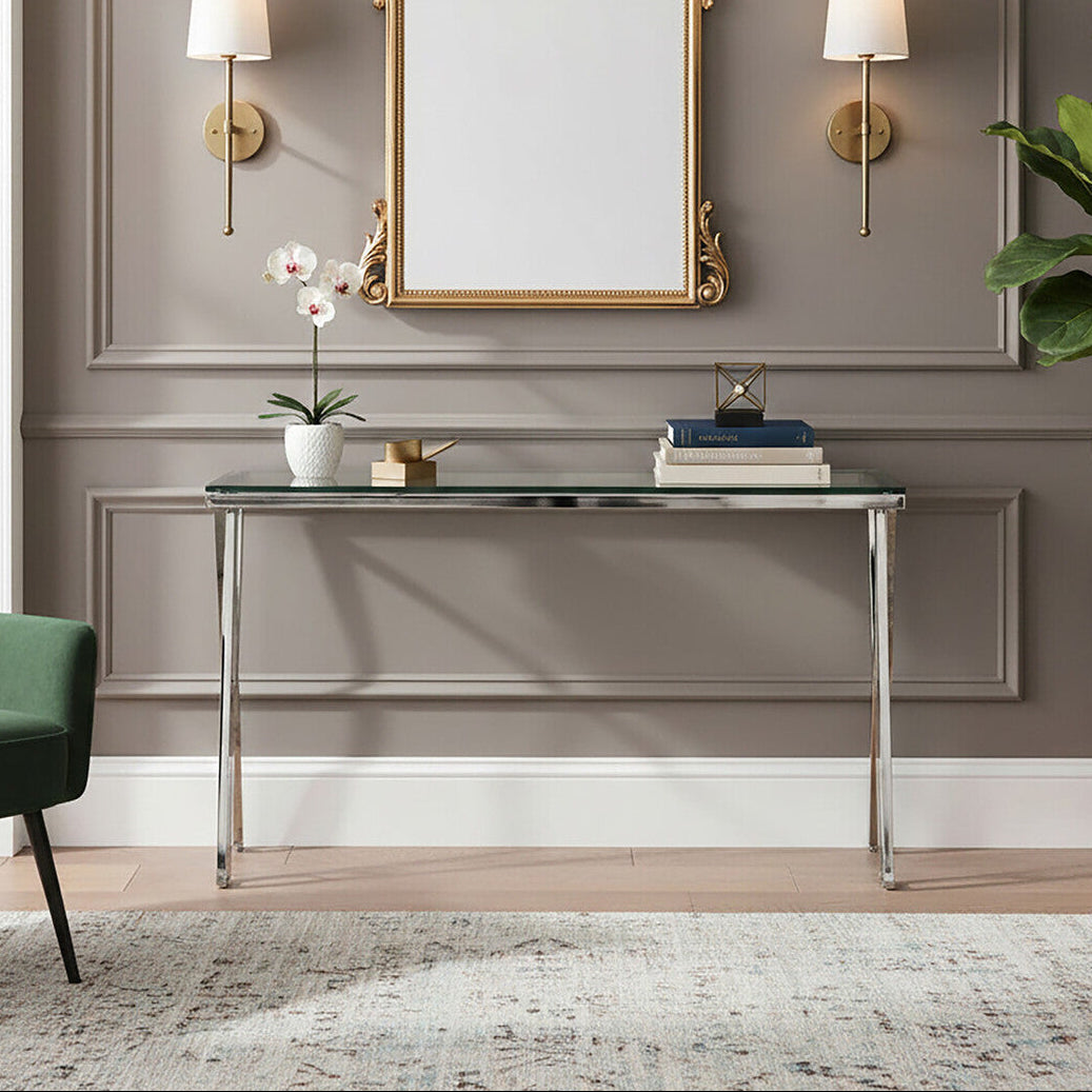 Orsina Piermount Glass Console Table | Silver Stainless Steel Base