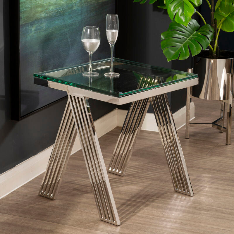 Orsina Piermount Glass End Table – Silver Stainless Steel Side Table