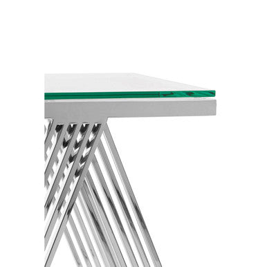 Orsina Piermount Glass End Table – Silver Stainless Steel Side Table