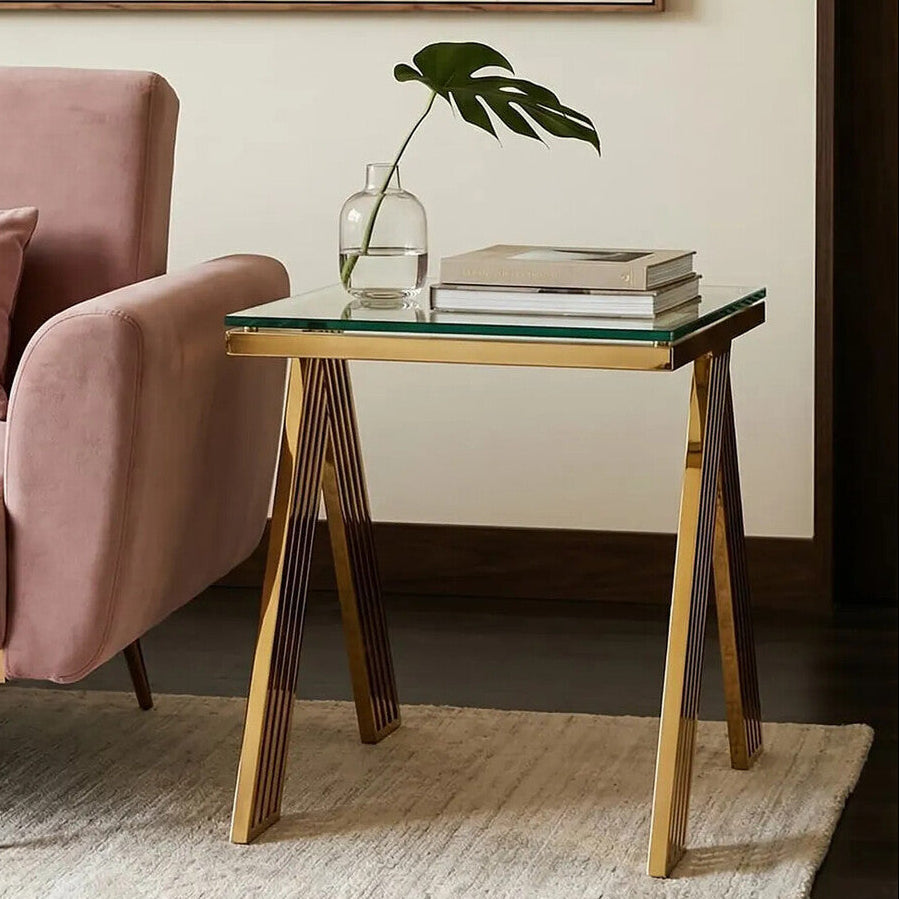 Orsina Piermount Gold Side Table – Square Glass Top End Table