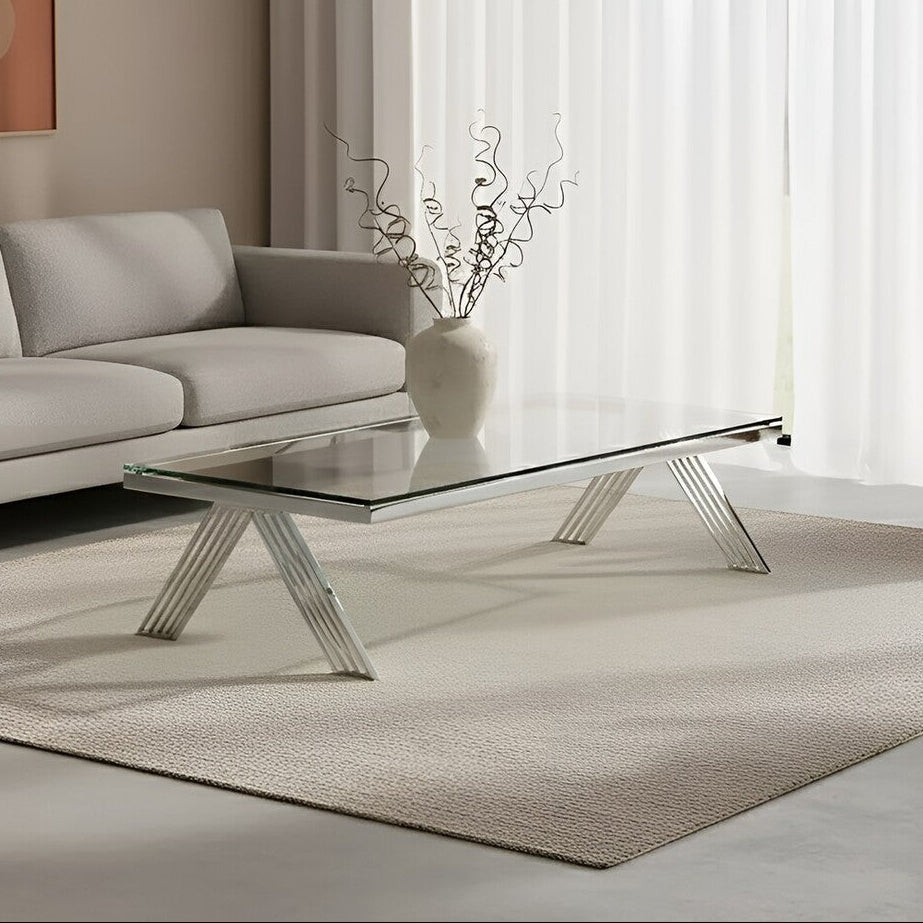 Orsina Piermount Rectangular Glass Coffee Table - Silver Stainless Steel