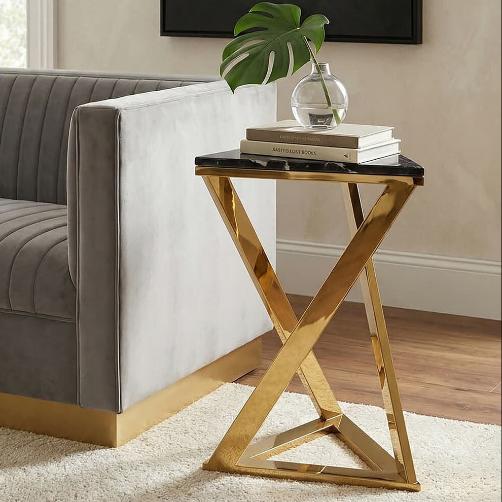 Orsina Piermount Black Marble End Table | Gold Geometric Side Table