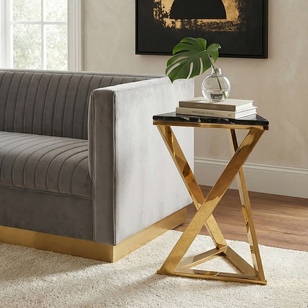 Orsina Piermount Black Marble End Table | Gold Geometric Side Table