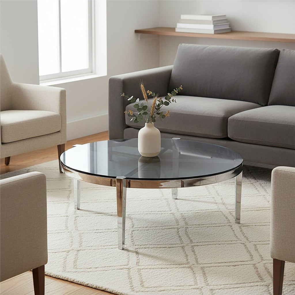 Orsina Piermount Round Coffee Table – Smoky Grey Glass & Silver