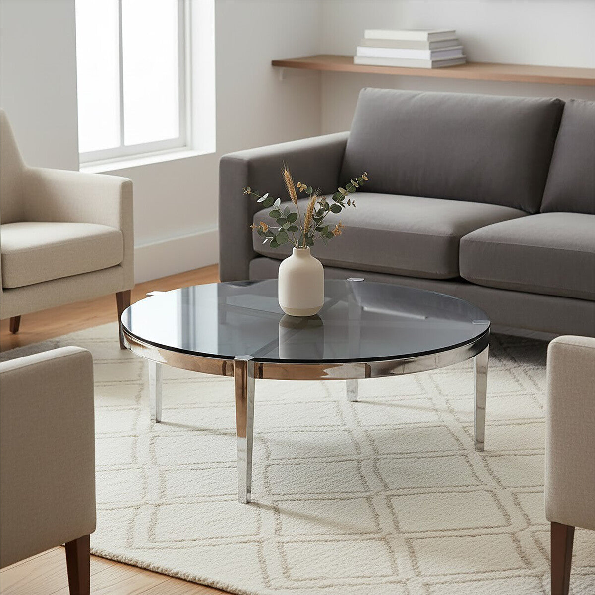 Orsina Piermount Round Coffee Table – Smoky Grey Glass & Silver