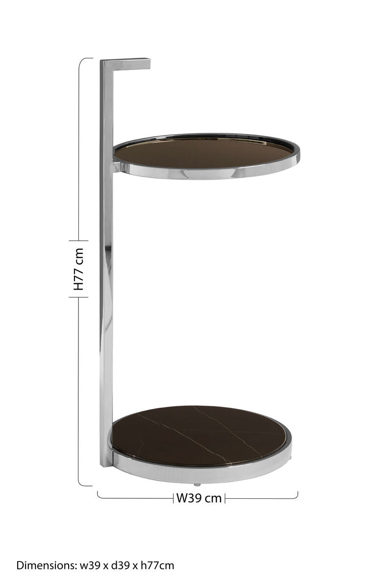 Orsina Piermount Round Two Tier End Table - Black Marble & Silver