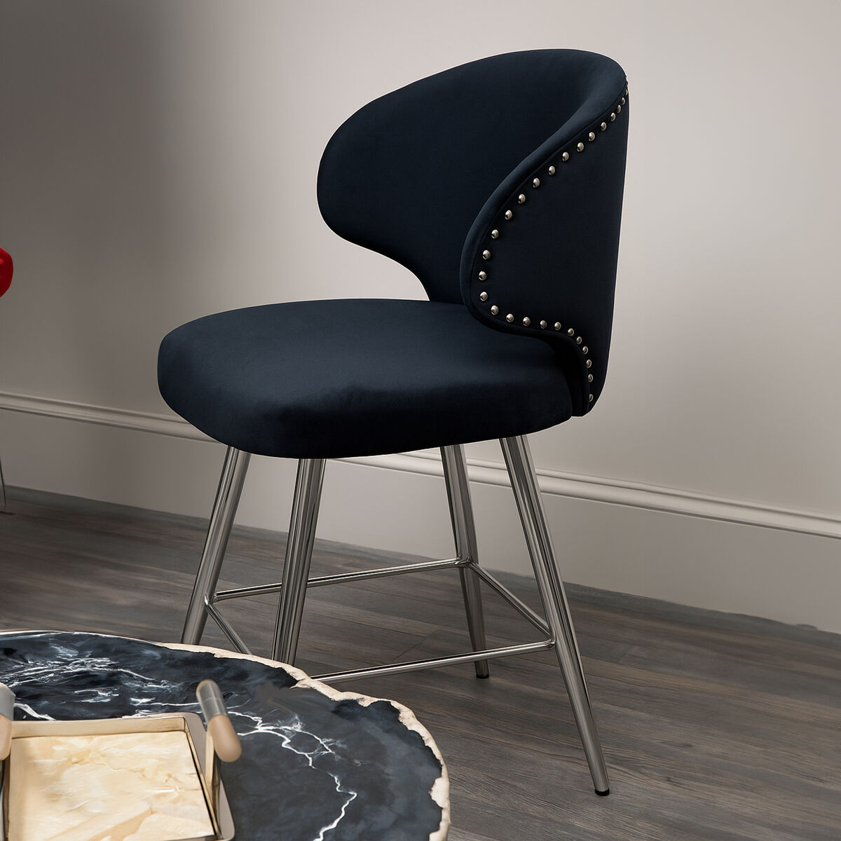 Orsina Piermount Black Velvet Bar Stool | Modern Stainless Steel Base
