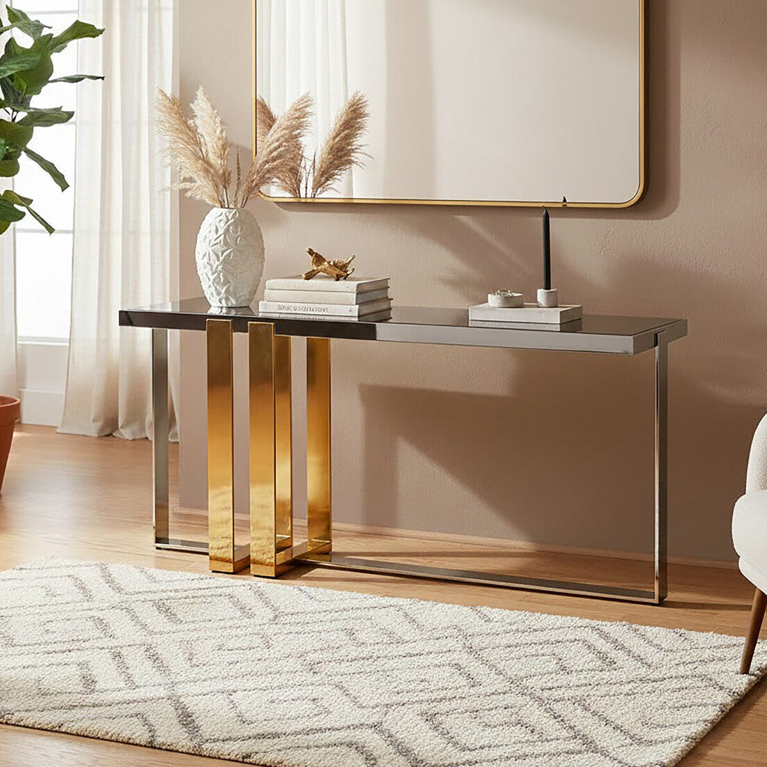 Orsina Demas Console Table – Frosted Glass & Gold Stainless Steel
