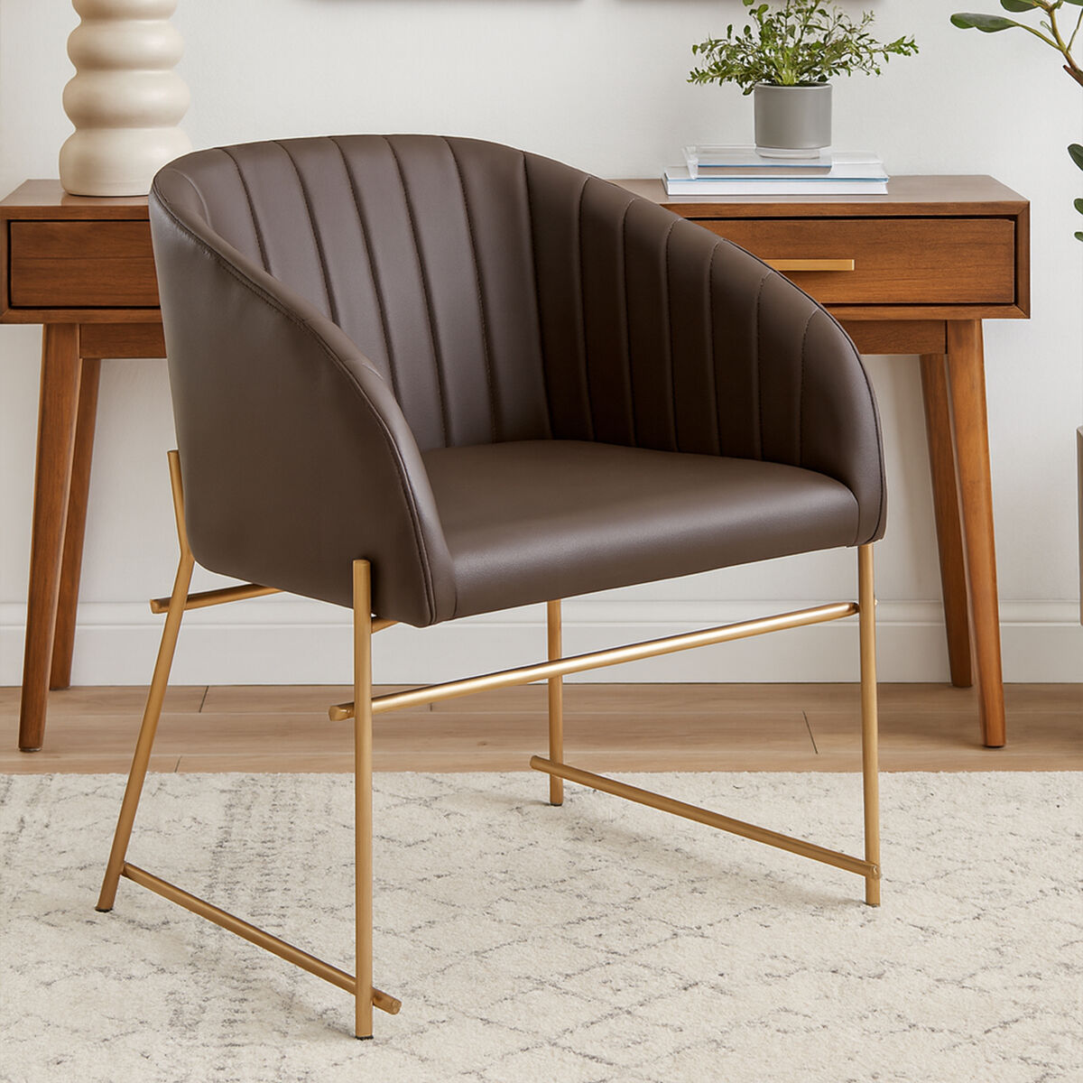 Orsina Delta Brown Faux Leather Dining Chair with Brass Legs