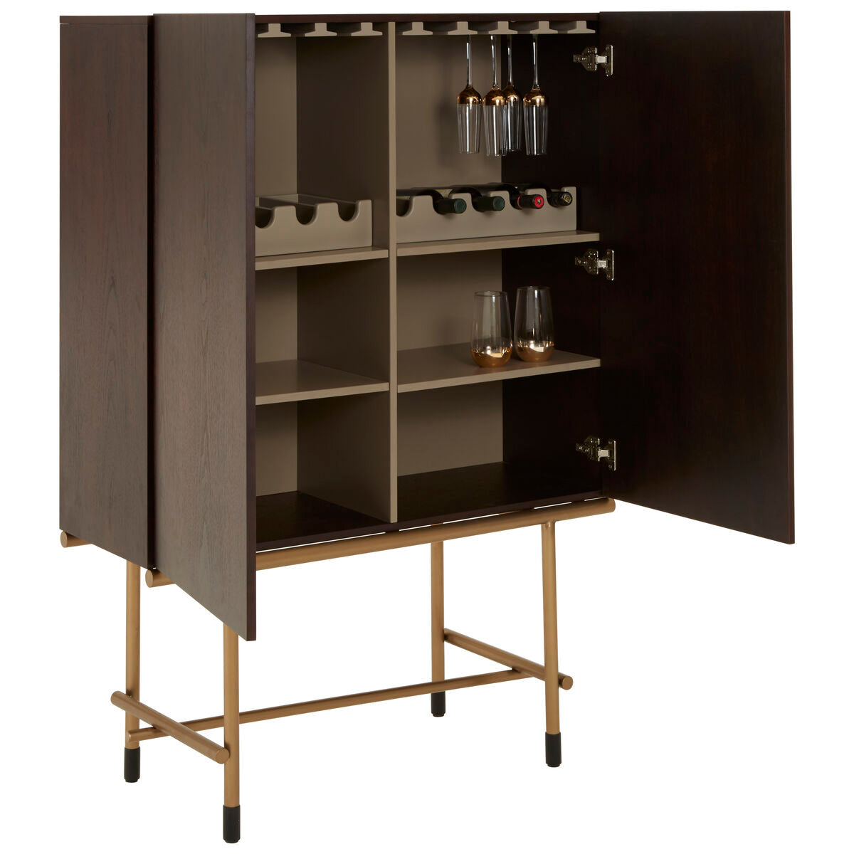 Orsina Delta Walnut Veneer Drinks Cabinet with Brushed Brass Accents