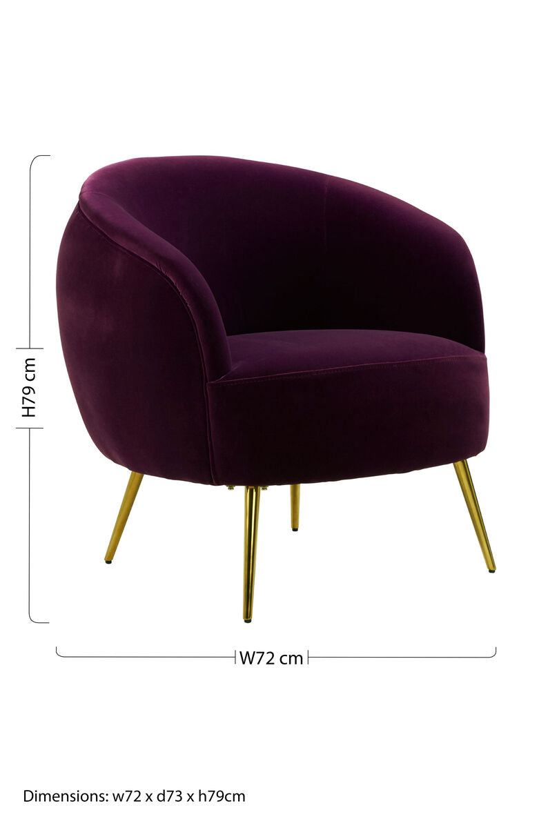 Orsina Manhattan Purple Velvet Curved Accent Chair | Gold Steel Legs