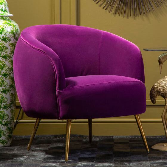 Orsina Manhattan Purple Velvet Curved Accent Chair | Gold Steel Legs