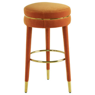 Orsina Manhattan Orange Velvet Bar Stool – Gold Trim & Wood Legs