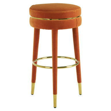 Orsina Manhattan Orange Velvet Bar Stool – Gold Trim & Wood Legs