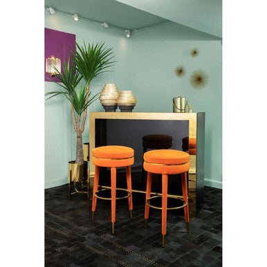 Orsina Manhattan Orange Velvet Bar Stool – Gold Trim & Wood Legs