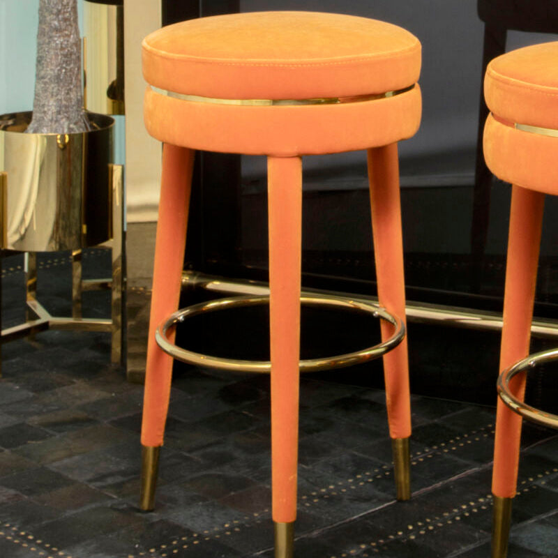 Orsina Manhattan Orange Velvet Bar Stool – Gold Trim & Wood Legs