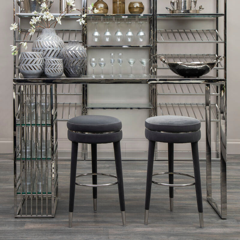 Orsina Manhattan Grey Velvet Bar Stool with Rubberwood Legs