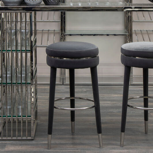 Orsina Manhattan Grey Velvet Bar Stool with Rubberwood Legs