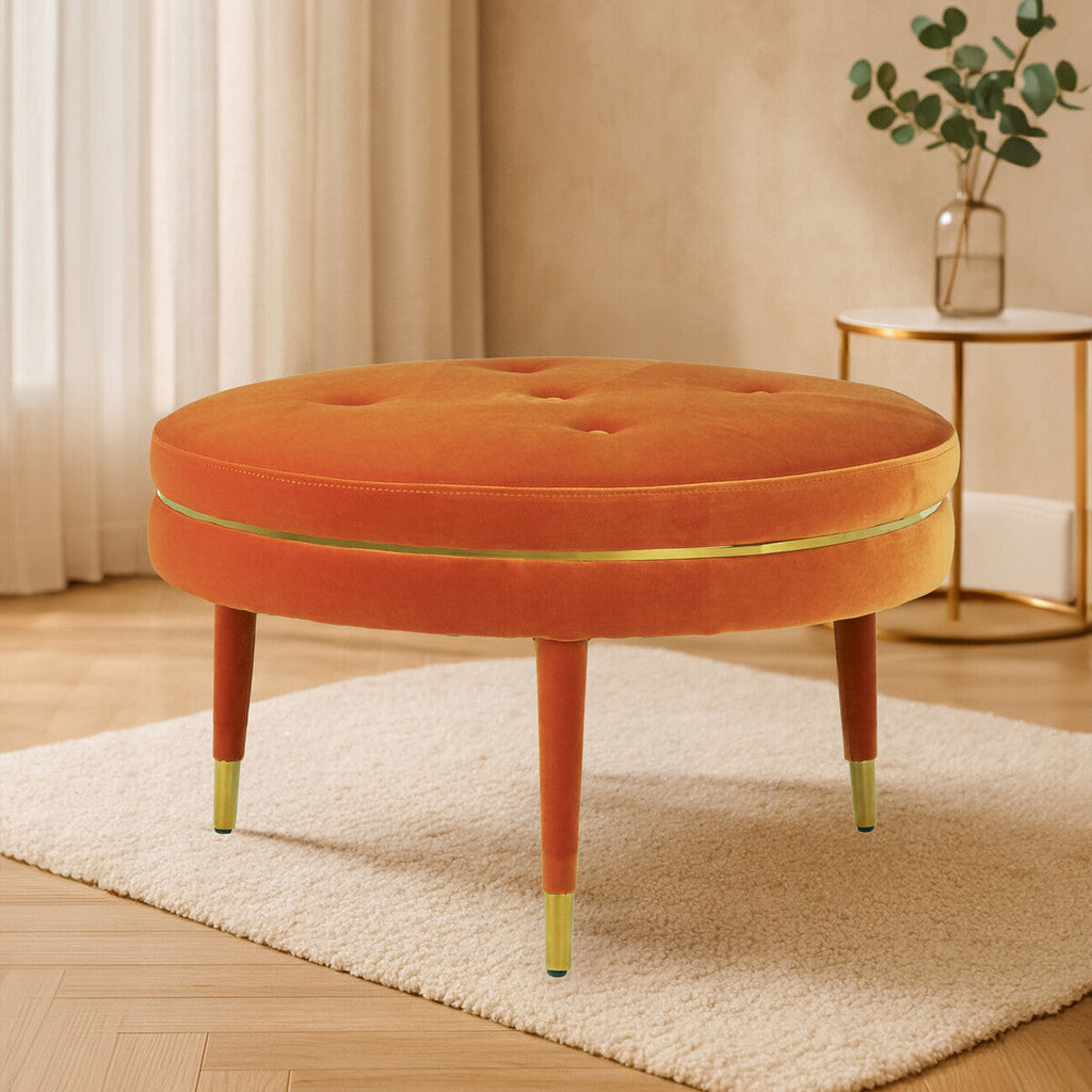 Orsina Manhattan Orange Velvet Footstool | Gold Trim Square Ottoman