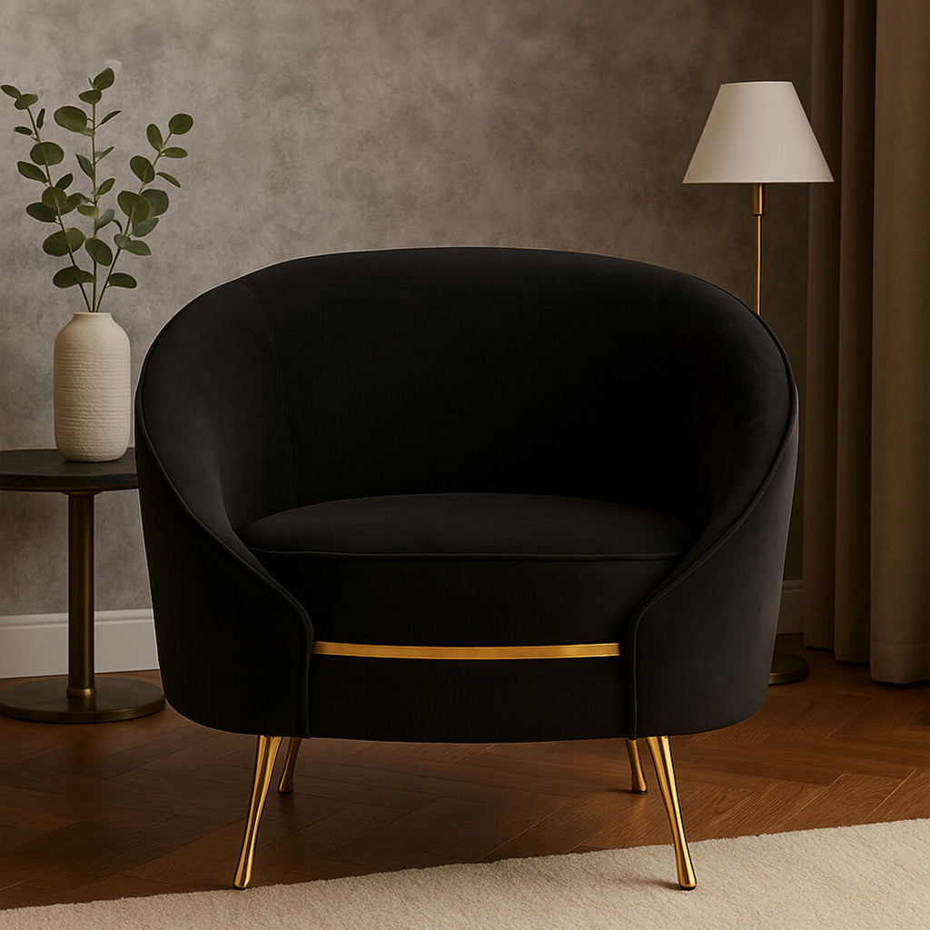 Orsina Manhattan Black Velvet Cocoon Chair | Gold Stainless Steel Legs
