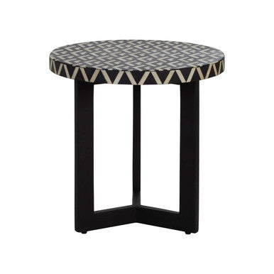 Orsina Bone Inlay Side Table – Round Acacia Wood Boho Accent Table