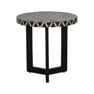 Orsina Bone Inlay Side Table – Round Acacia Wood Boho Accent Table