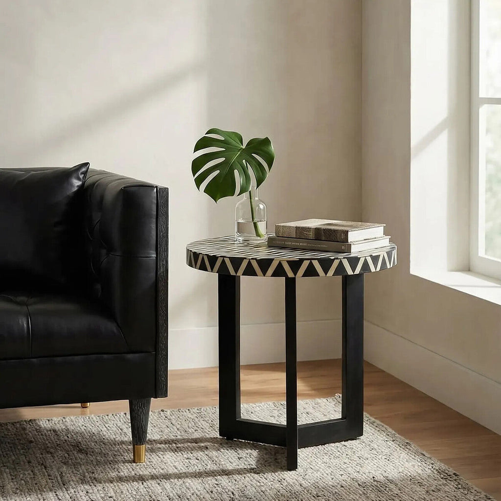 Orsina Bone Inlay Side Table – Round Acacia Wood Boho Accent Table
