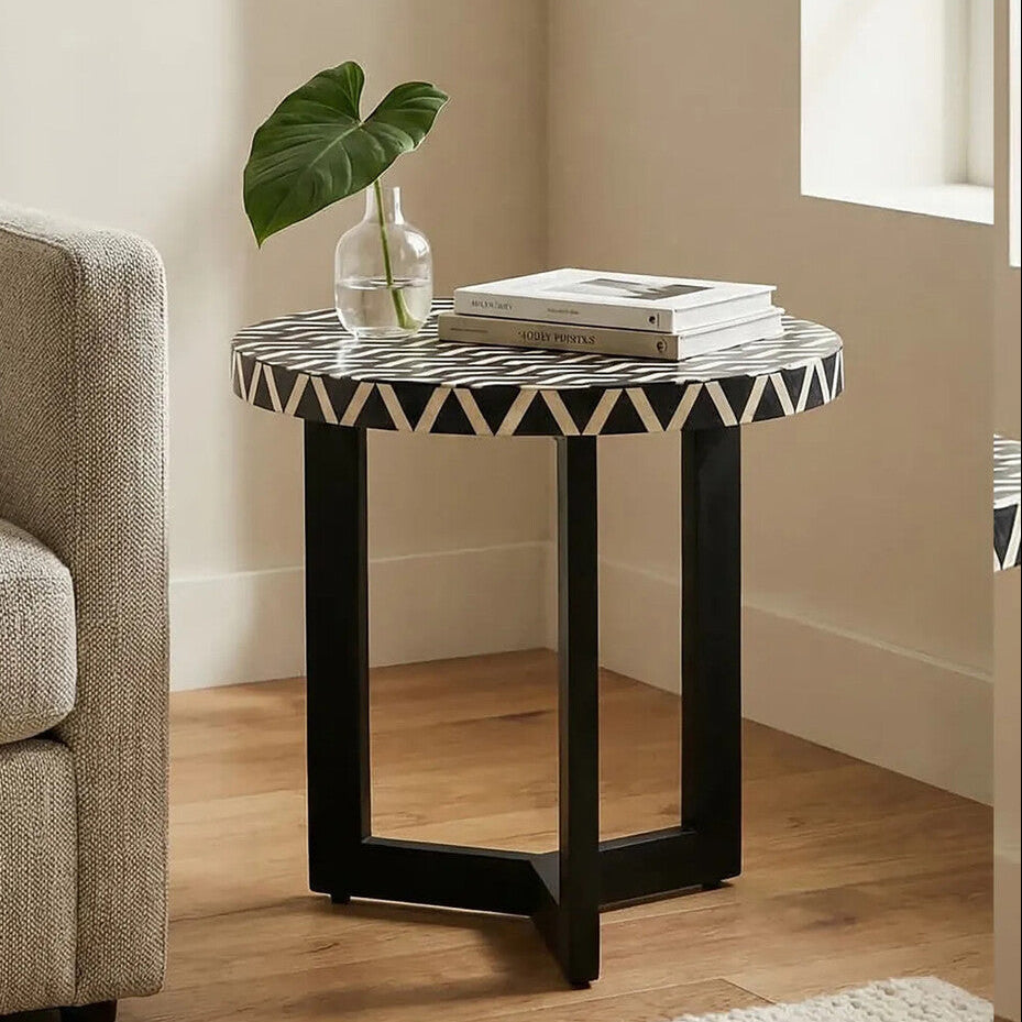 Orsina Bone Inlay Side Table – Round Acacia Wood Boho Accent Table