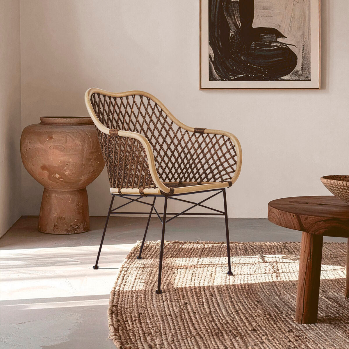 Orsina Manado Natural Rattan Accent Chair | Handwoven Black Metal Base