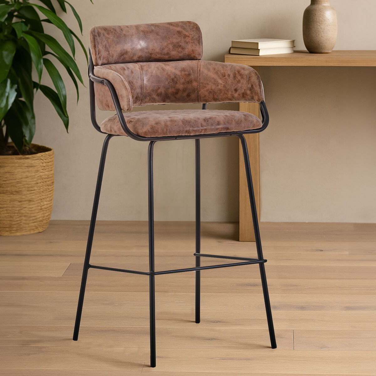 Orsina Tamzin Brown Faux Leather Bar Chair | Modern Kitchen Stool