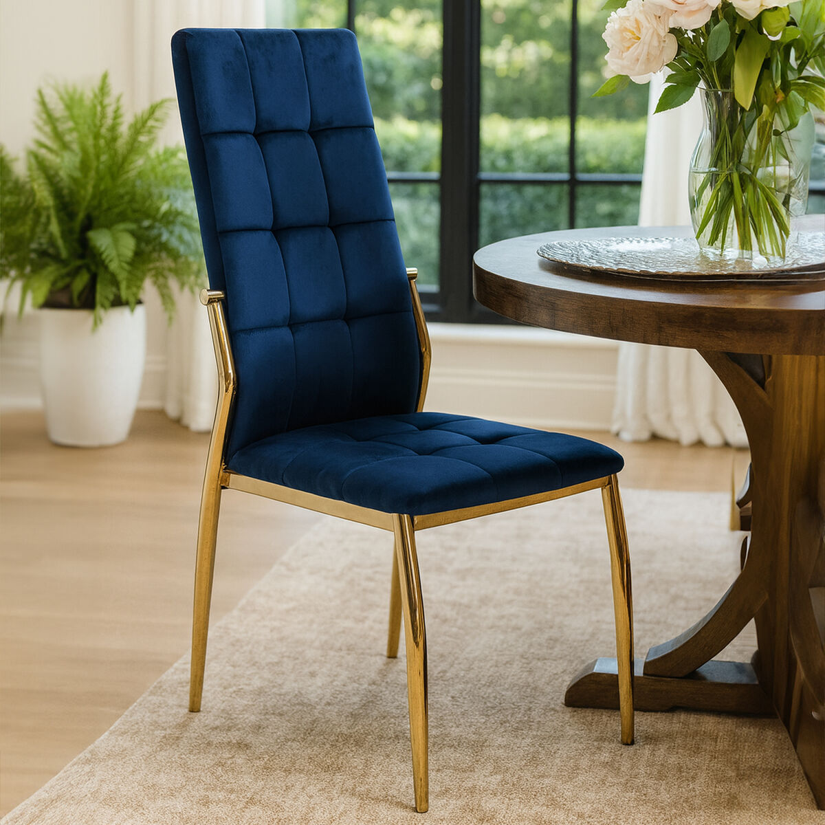 Orsina Tamzin Blue Velvet High Back Dining Chair with Gold Base