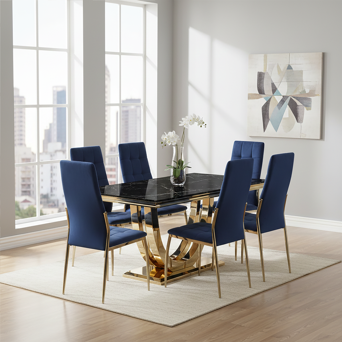 Orsina Tamzin Blue Velvet High Back Dining Chair with Gold Base