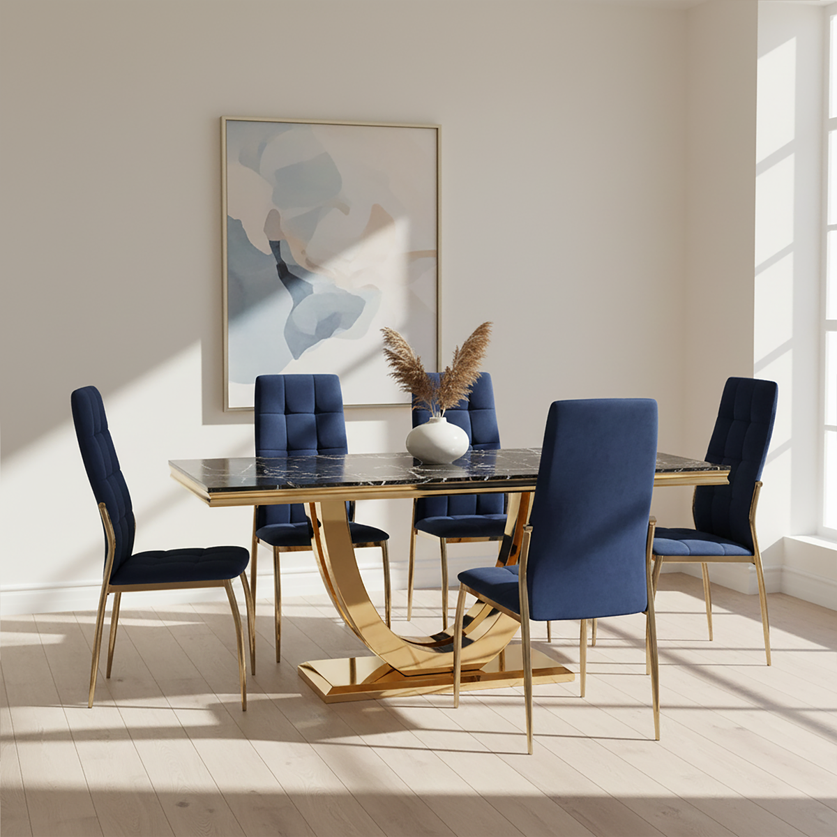 Orsina Tamzin Blue Velvet High Back Dining Chair with Gold Base