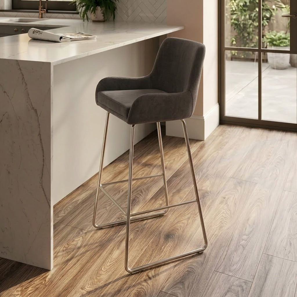 Orsina Tamzin Grey Velvet Bar Chair – Modern Low Arm Kitchen Stool