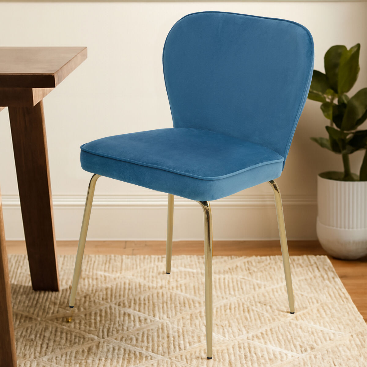 Orsina Tamzin Blue Velvet Dining Chair with Tapered Back and Gold Legs